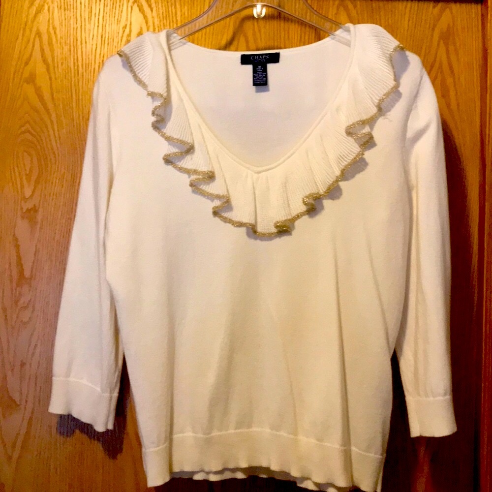 Chaps Ralph Lauren M ivory gold trim v neck ruffle thin knit sweater 3/4 sleeve